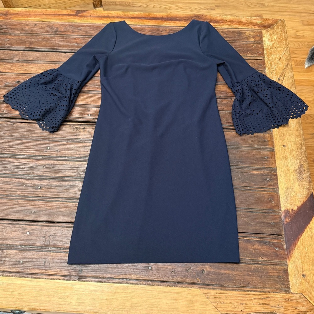 Eliza J Navy Blue Eyelet Bell Sleeve Sheath Dress V-Back Size 6